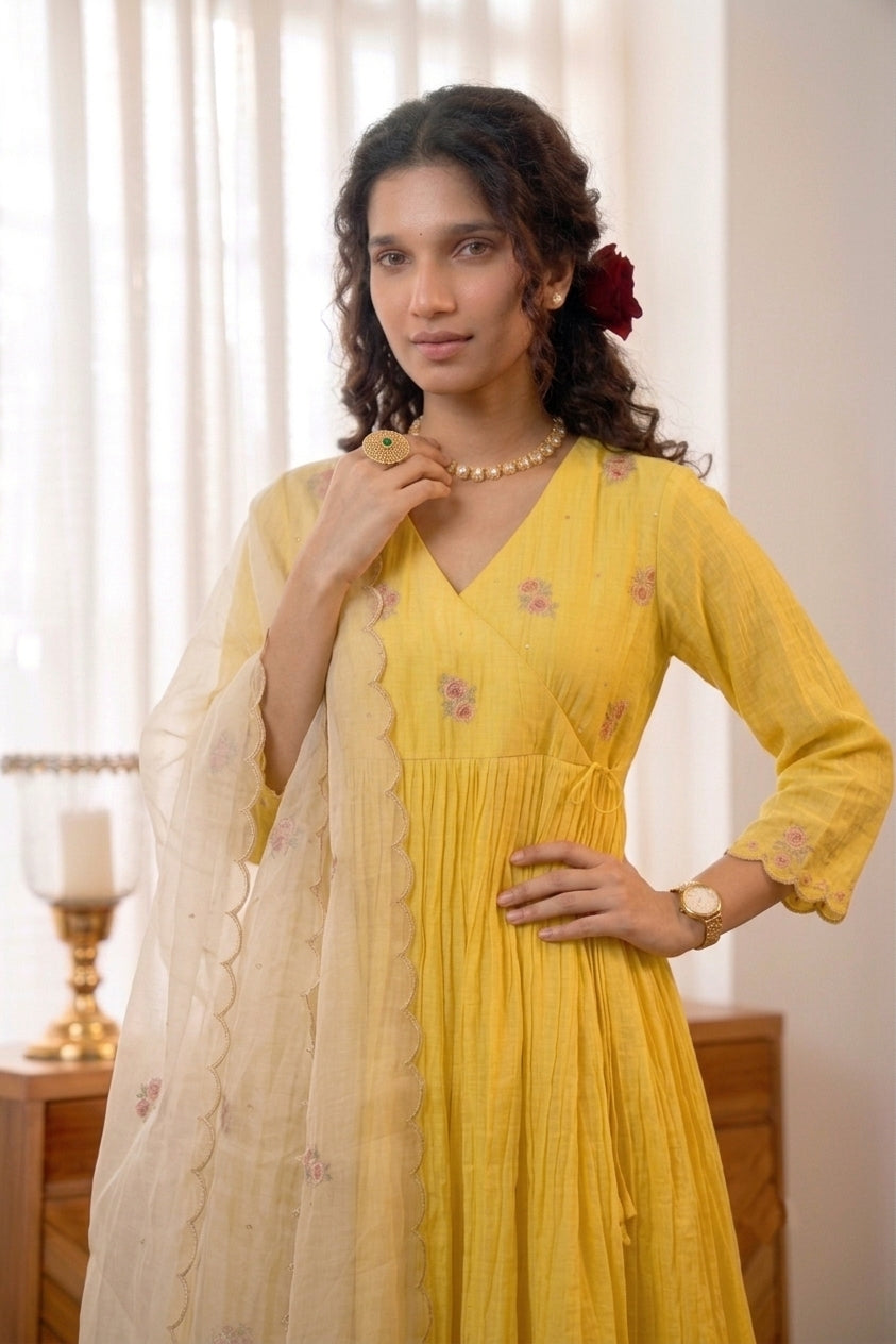 Handworked Pleated Kurta  with scalloped dupatta