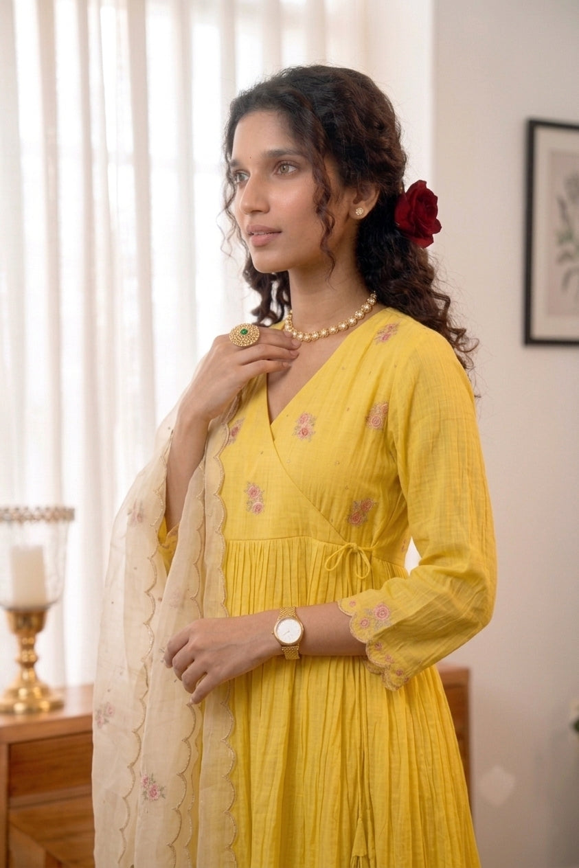 Handworked Pleated Kurta  with scalloped dupatta