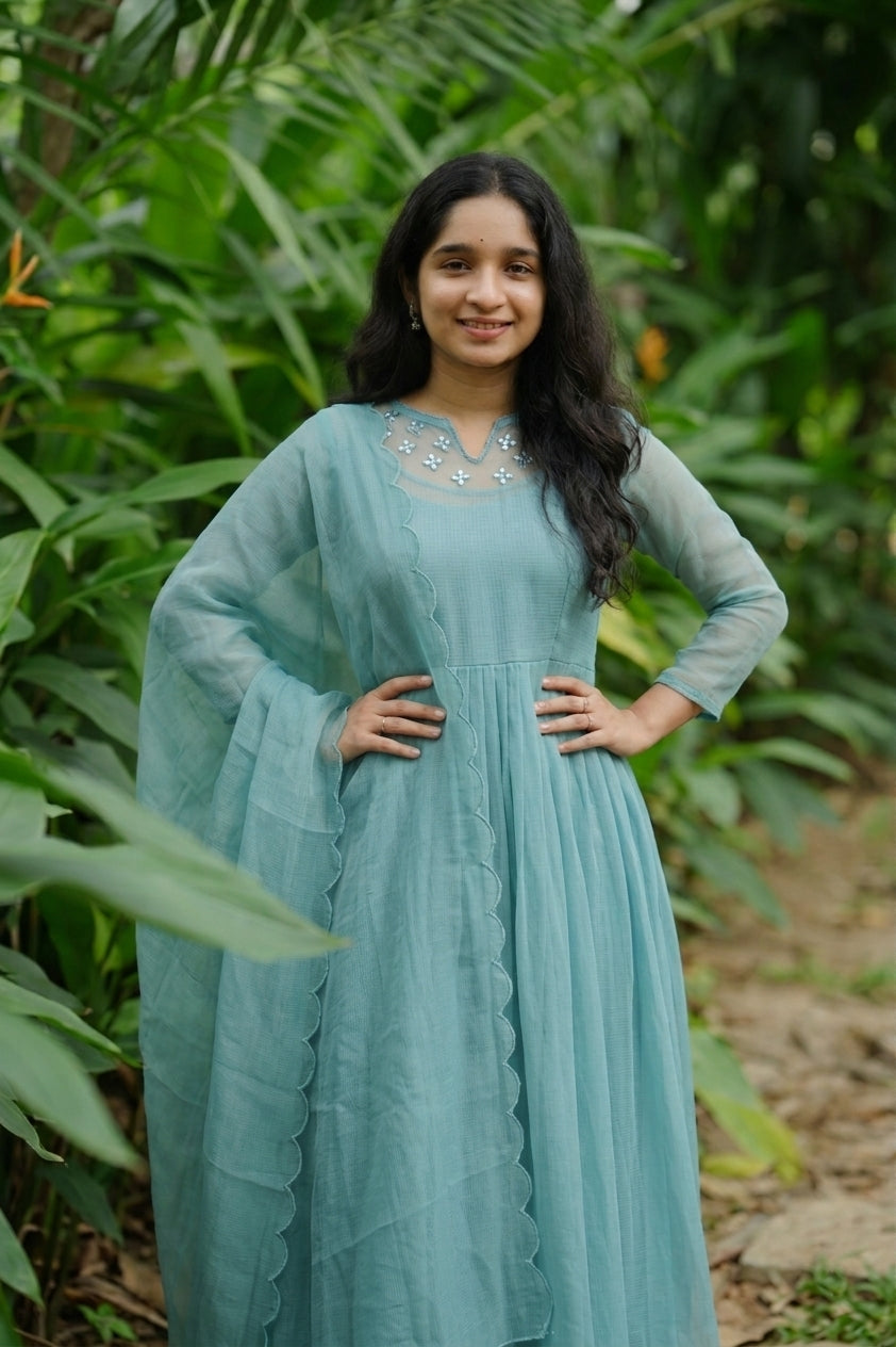 Handworked Pleated Kurta with scalloped Dupatta