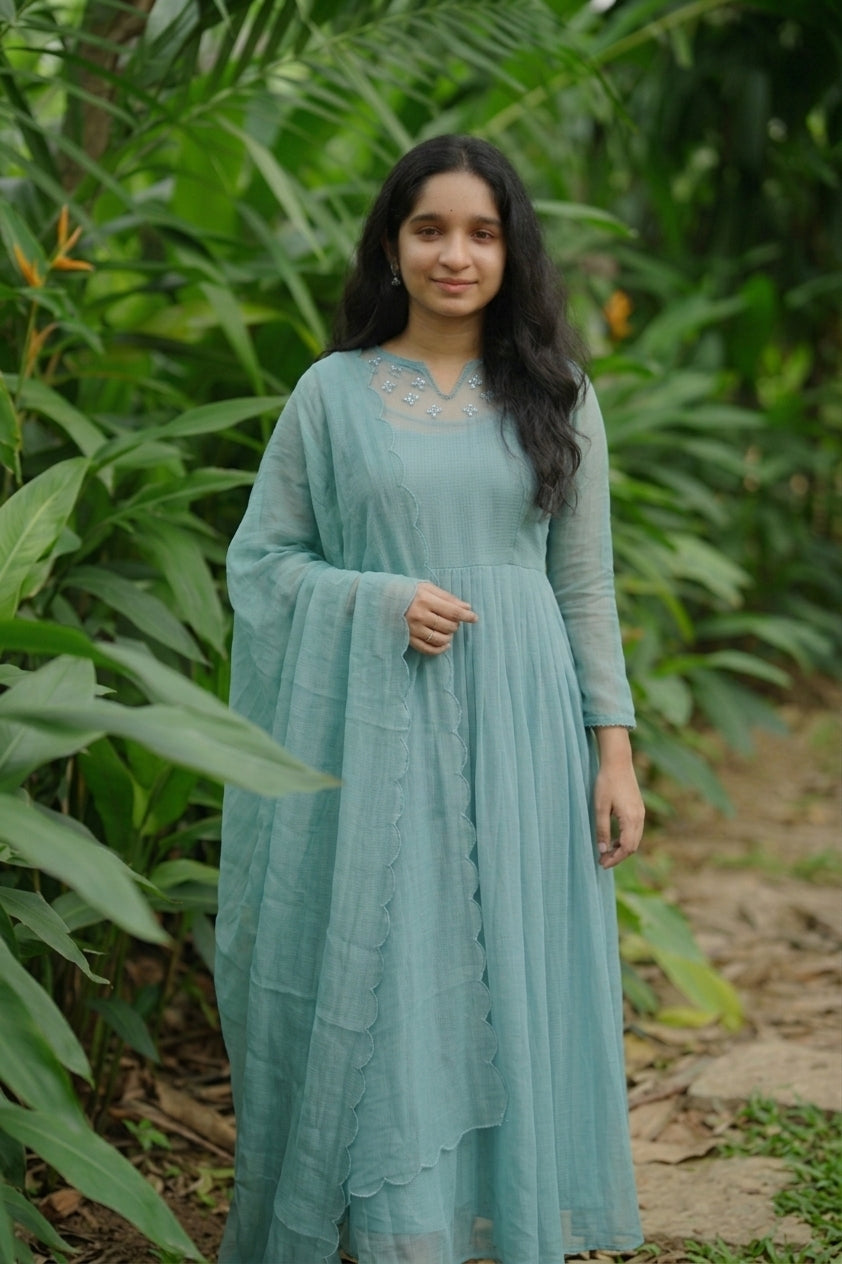 Handworked Pleated Kurta with scalloped Dupatta