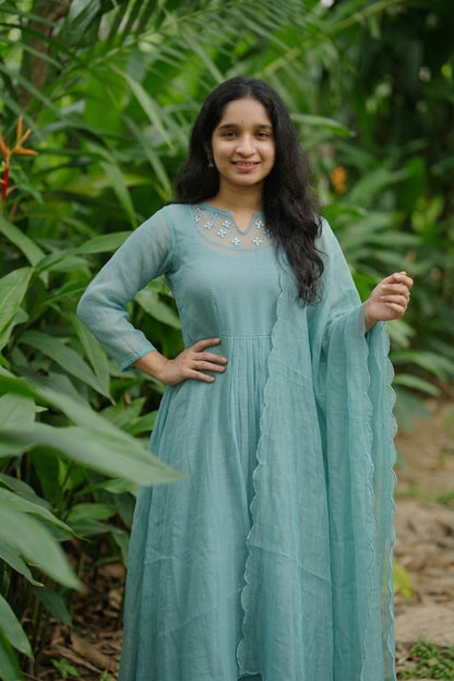 Handworked Pleated Kurta with scalloped Dupatta