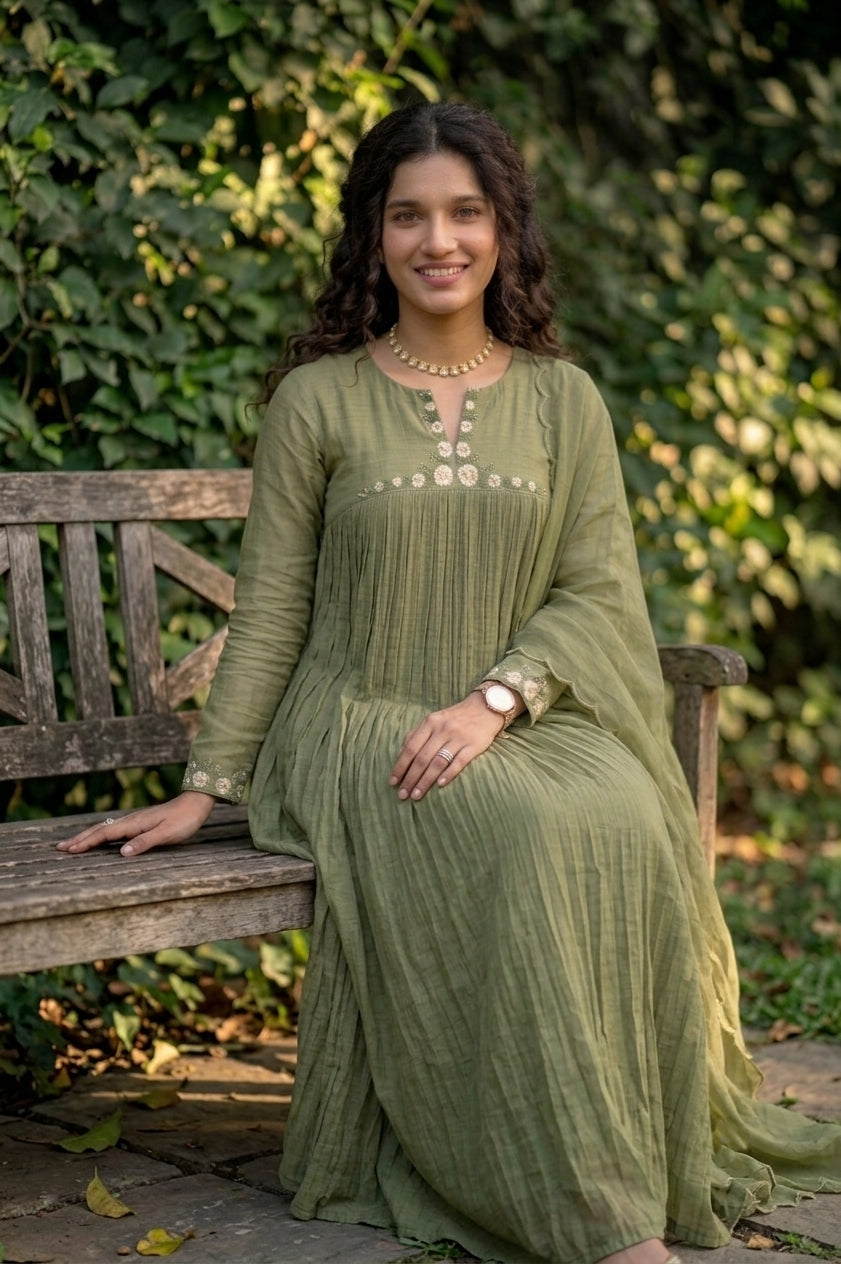 Handworked Pleated Kurta with scalloped dupatta