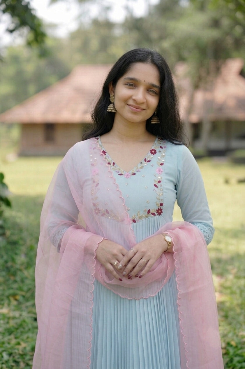 Handworked Pleated Kurta with Dupatta